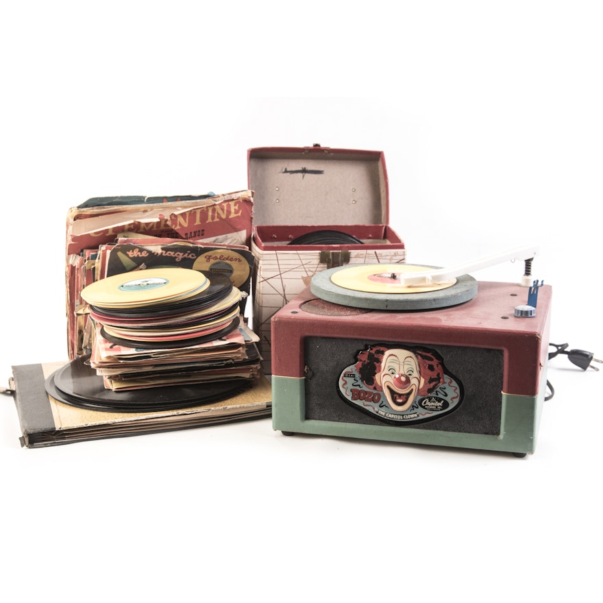 Vintage "Bozo The Clown" Record Player and Record Collection