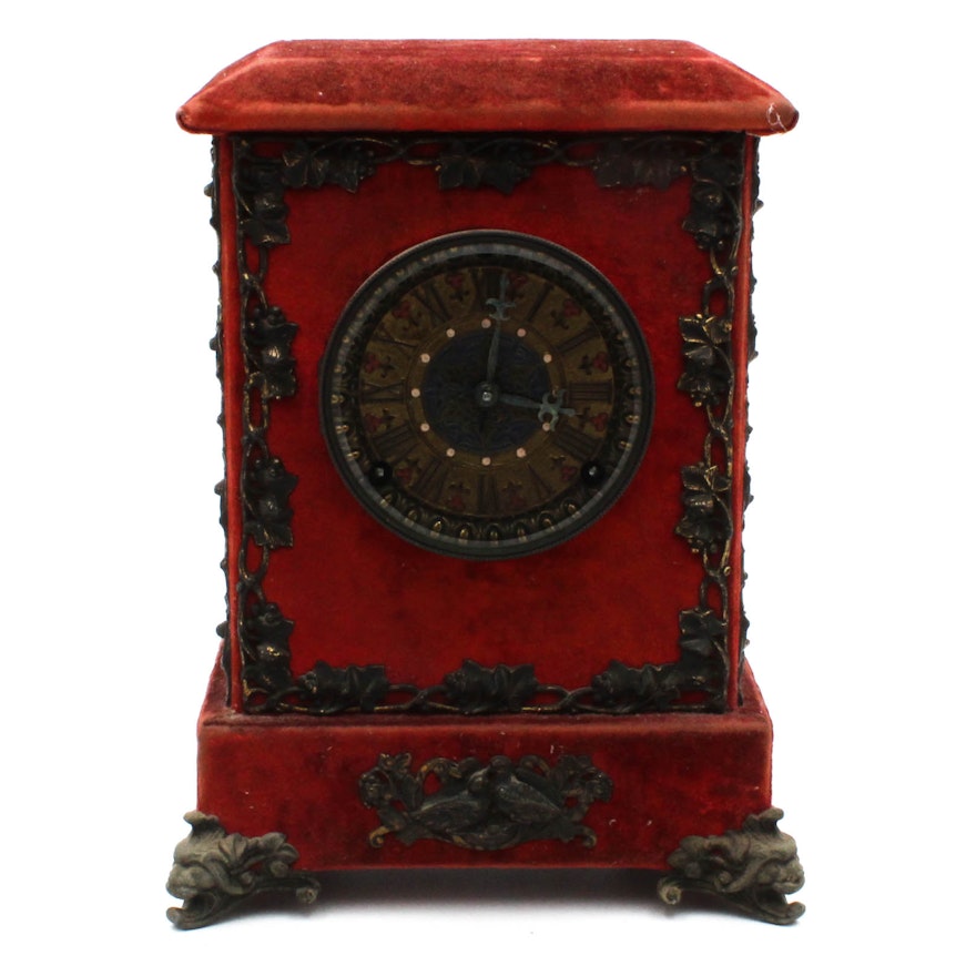 Antique Ansonia Red Velvet and Enameled Mantle Clock