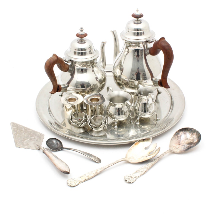 Pewter Coffee and Tea Service with Silver Plate Tableware