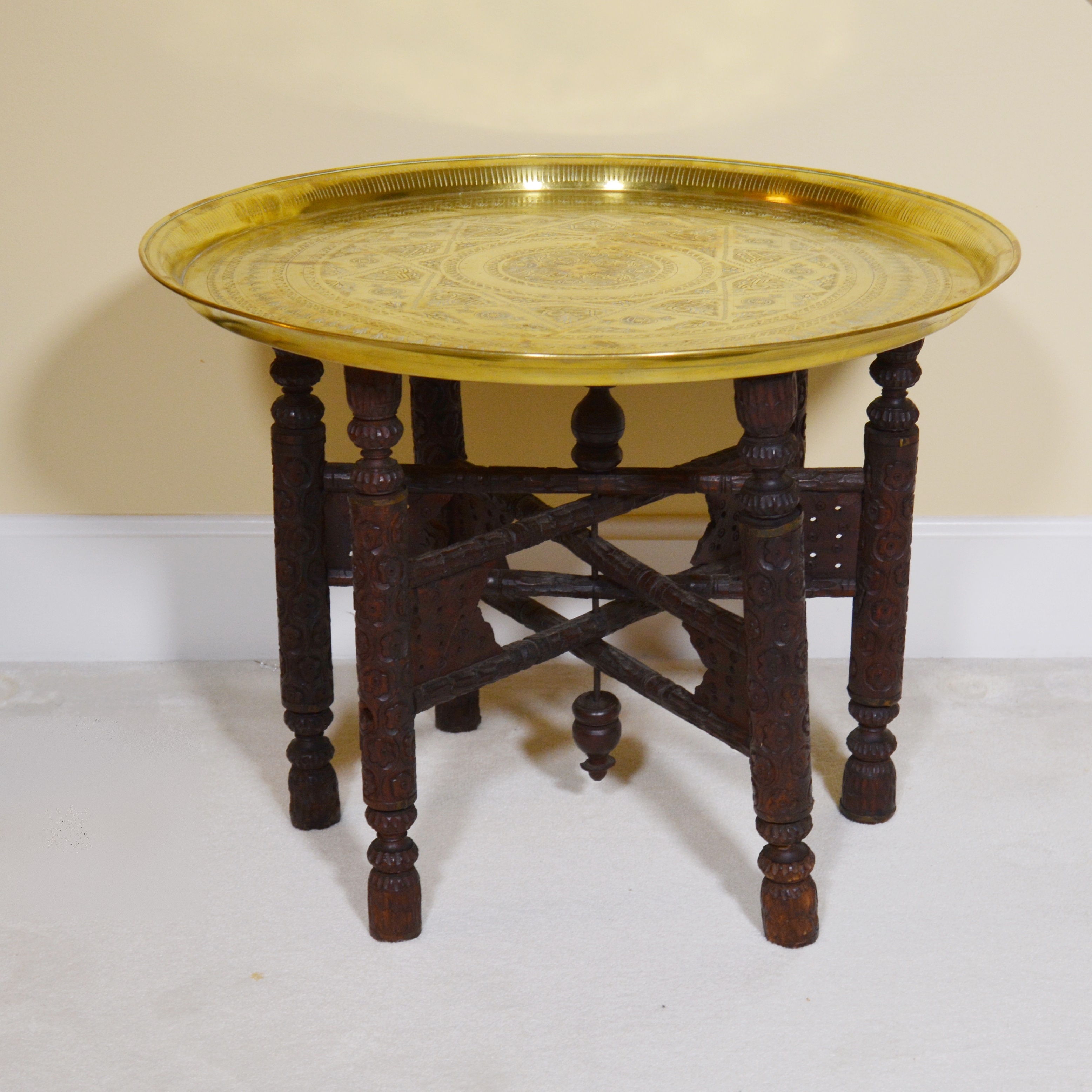 Antique Anglo Indian Style Brass Tray Table on Folding Stand