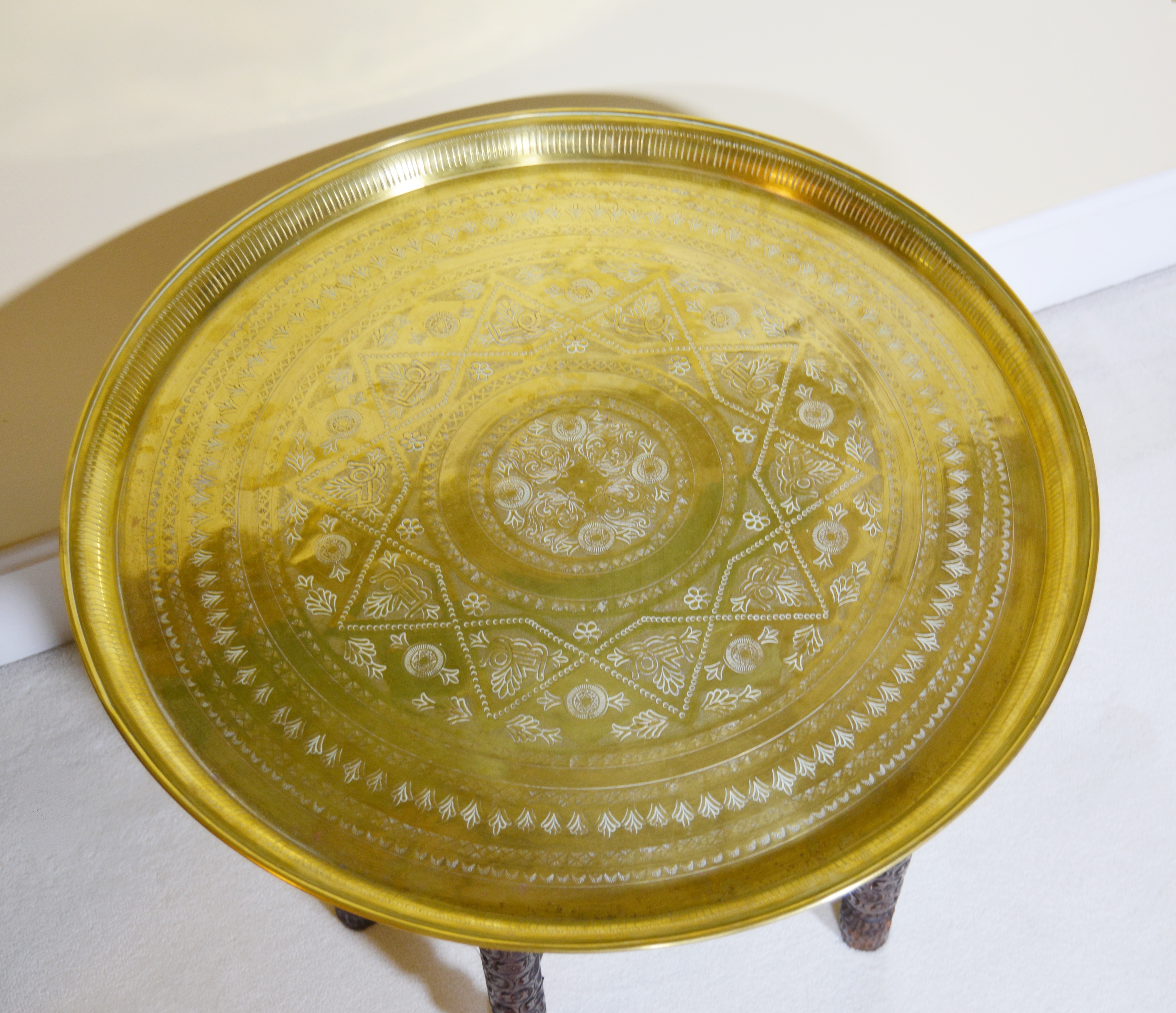 Antique Anglo Indian Style Brass Tray Table on Folding Stand