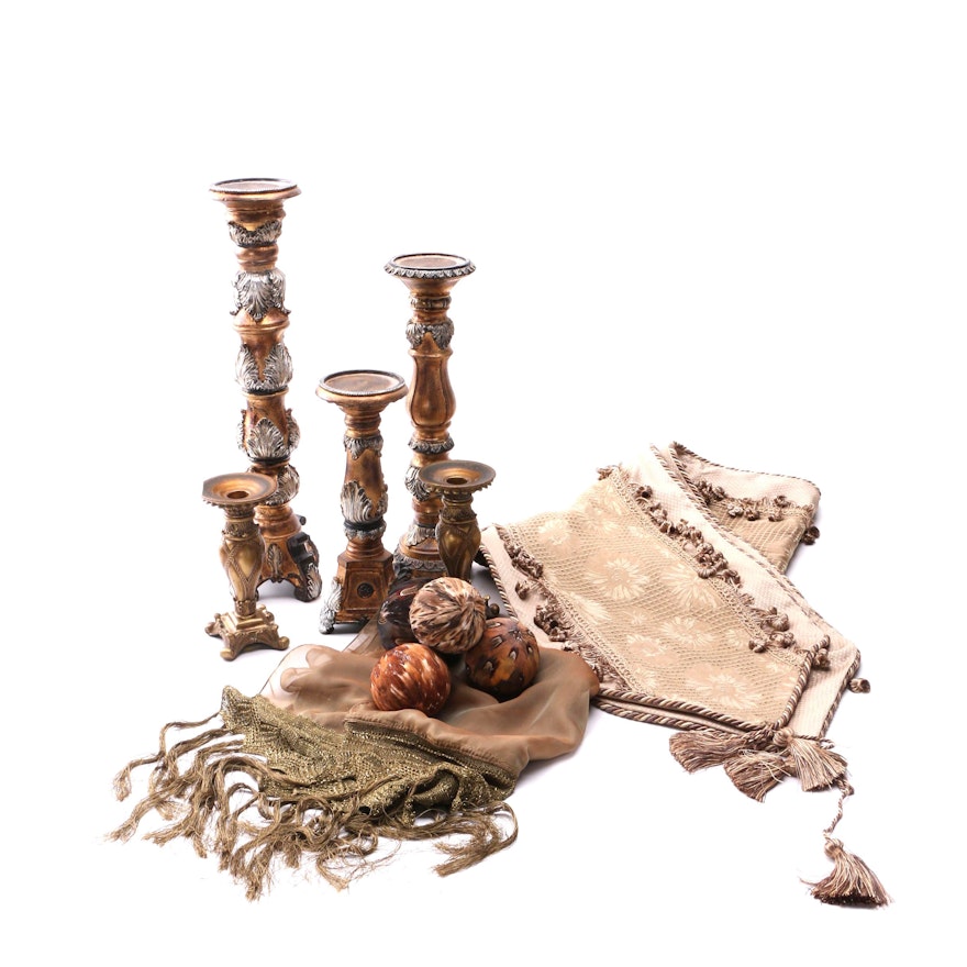 Pillar Candle Holders with Feathered Orbs and Table Runners