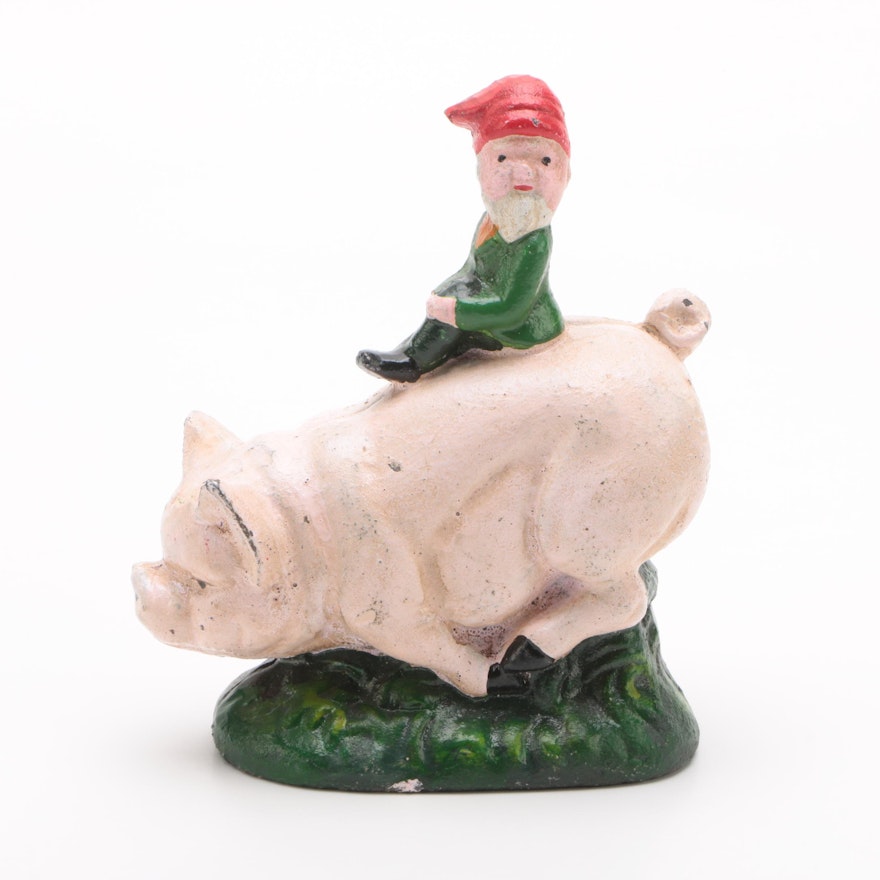 Cast Iron Gnome Riding Pig Doorstop