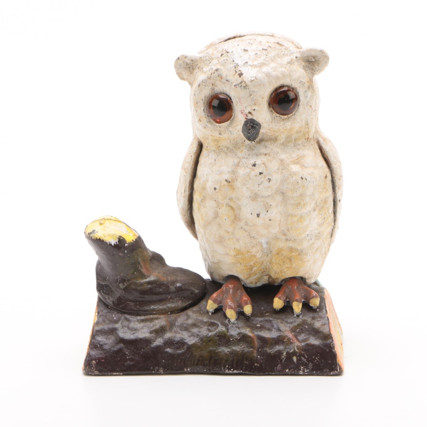 Cast Iron Perched Owl Coin Bank