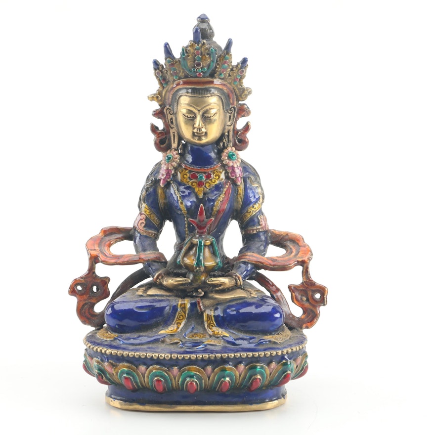 Tibetan Style Enameled Brass Maitreya Bodhisattva Figurine