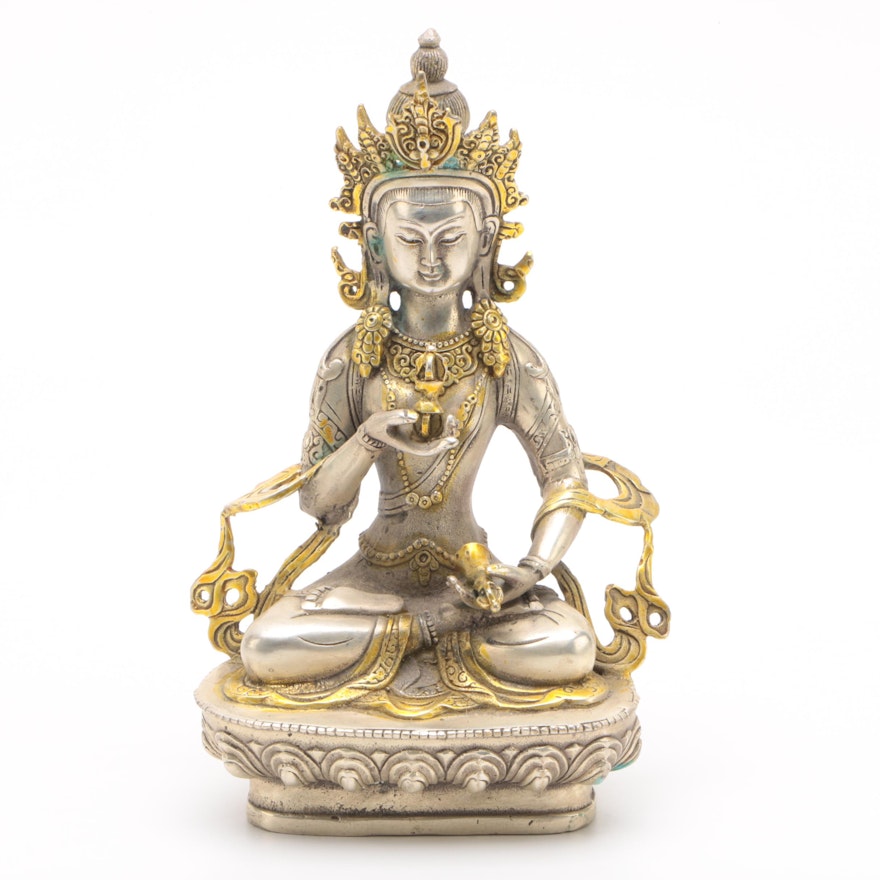 Tibetan Style Silver Toned Metal Vajrasattva Figurine with Gold Toned Accents
