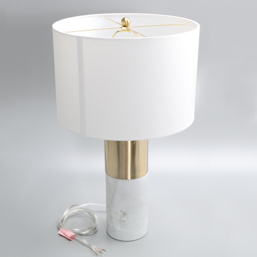 Contemporary White Marble and Brass Two-Tone Cylinder Table Lamp