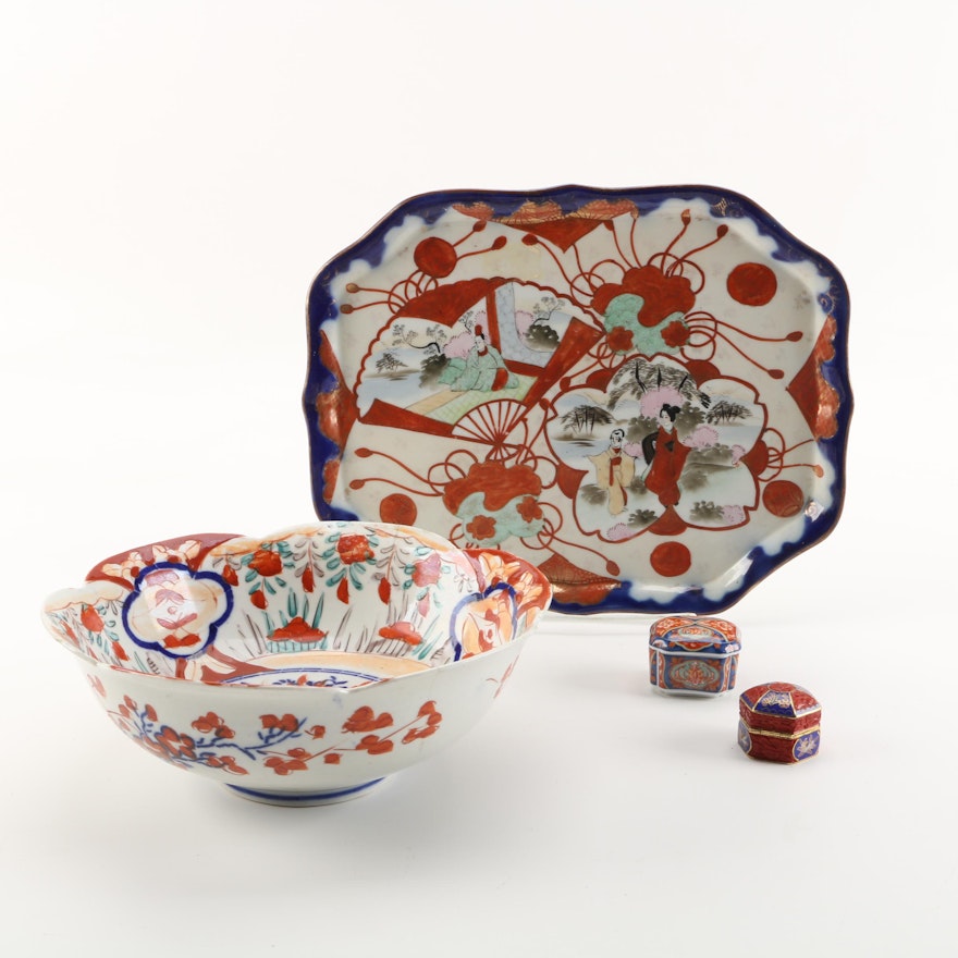 Japanese Meiji Period Imari Bowl with Vintage Kutani Platter and Trinket Boxes
