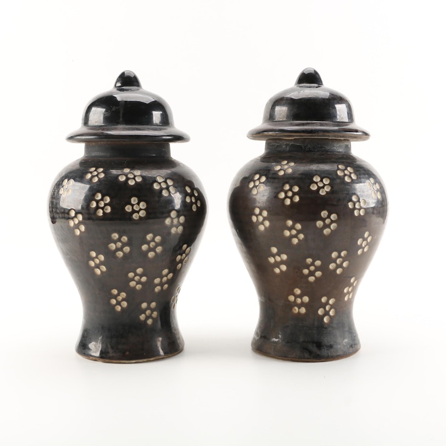 Chinese Black Glazed Porcelain Ginger Jars with Flower-Dot Motif