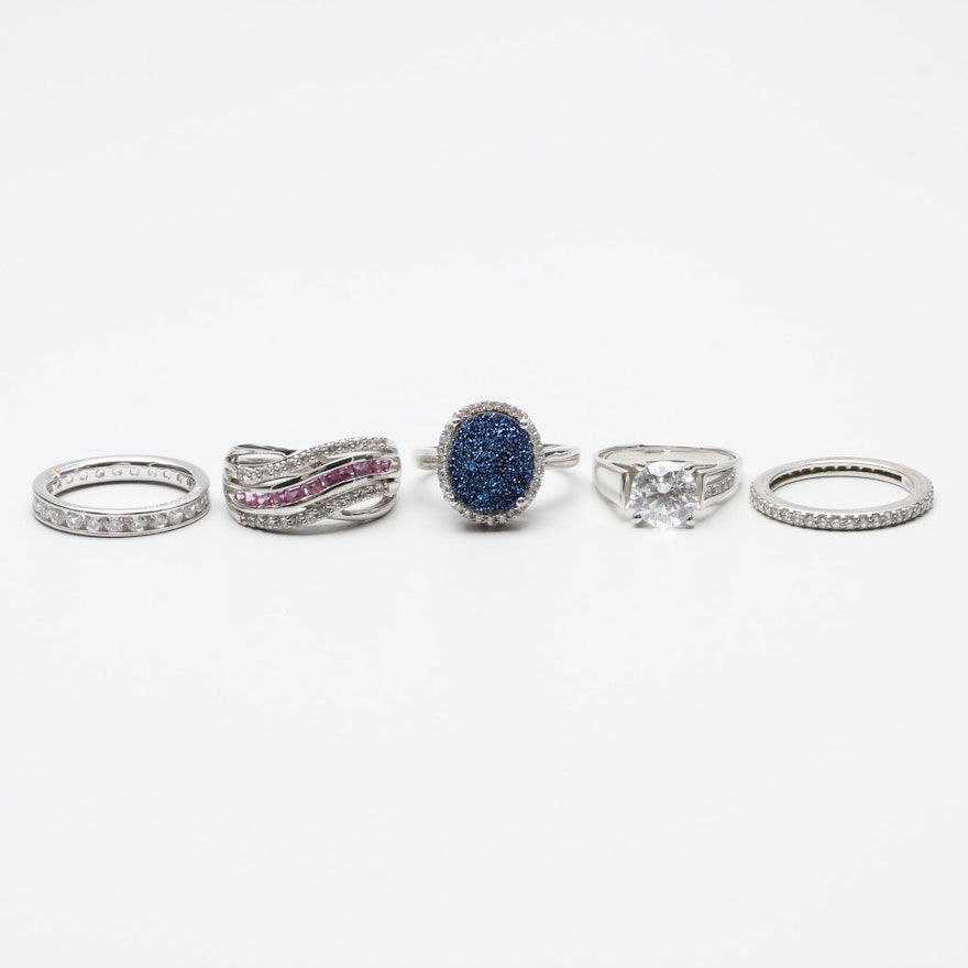 Sterling Silver and 14K White Gold Ring Assortment Including Synthetic Sapphire