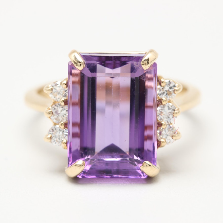 14K Yellow Gold 6.14 CT Amethyst and Diamond Ring