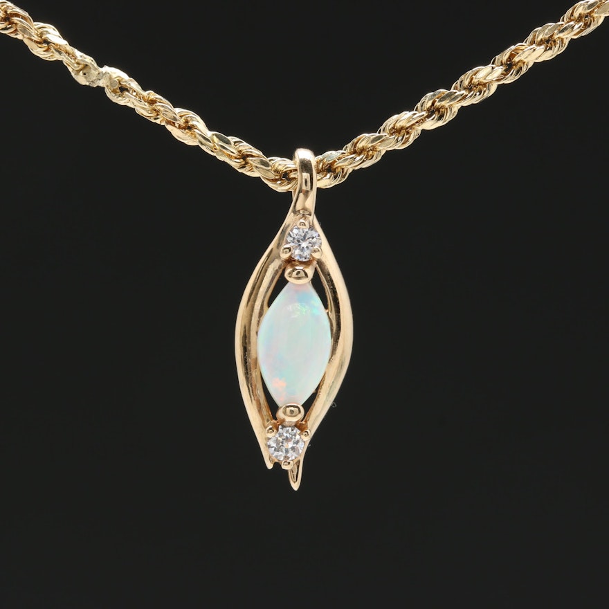 10K Yellow Gold Opal and Cubic Zirconia Pendant with 14K Rope Chain