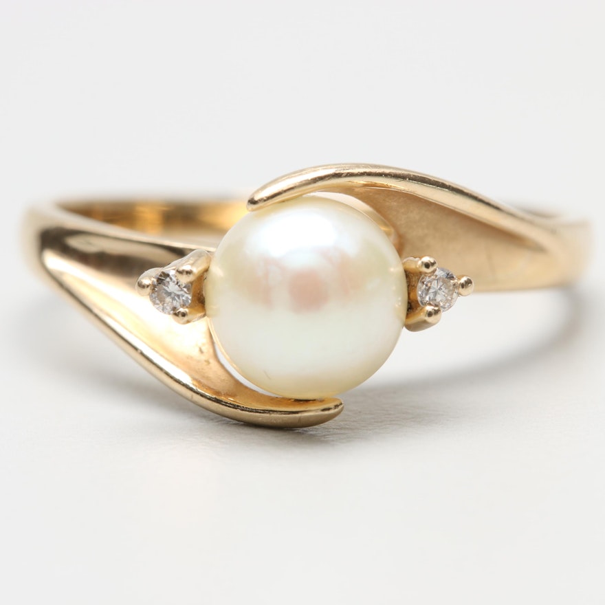 14K Yellow Gold Cultured Pearl and Diamond Ring