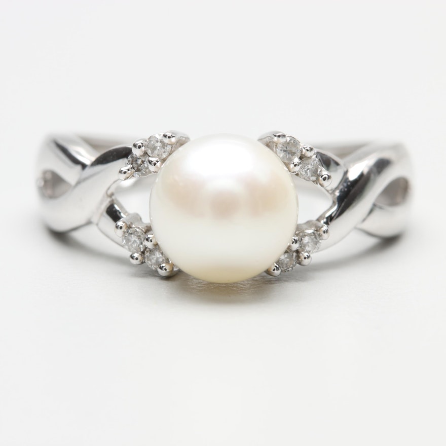 14K White Gold Cultured Pearl and Diamond Ring