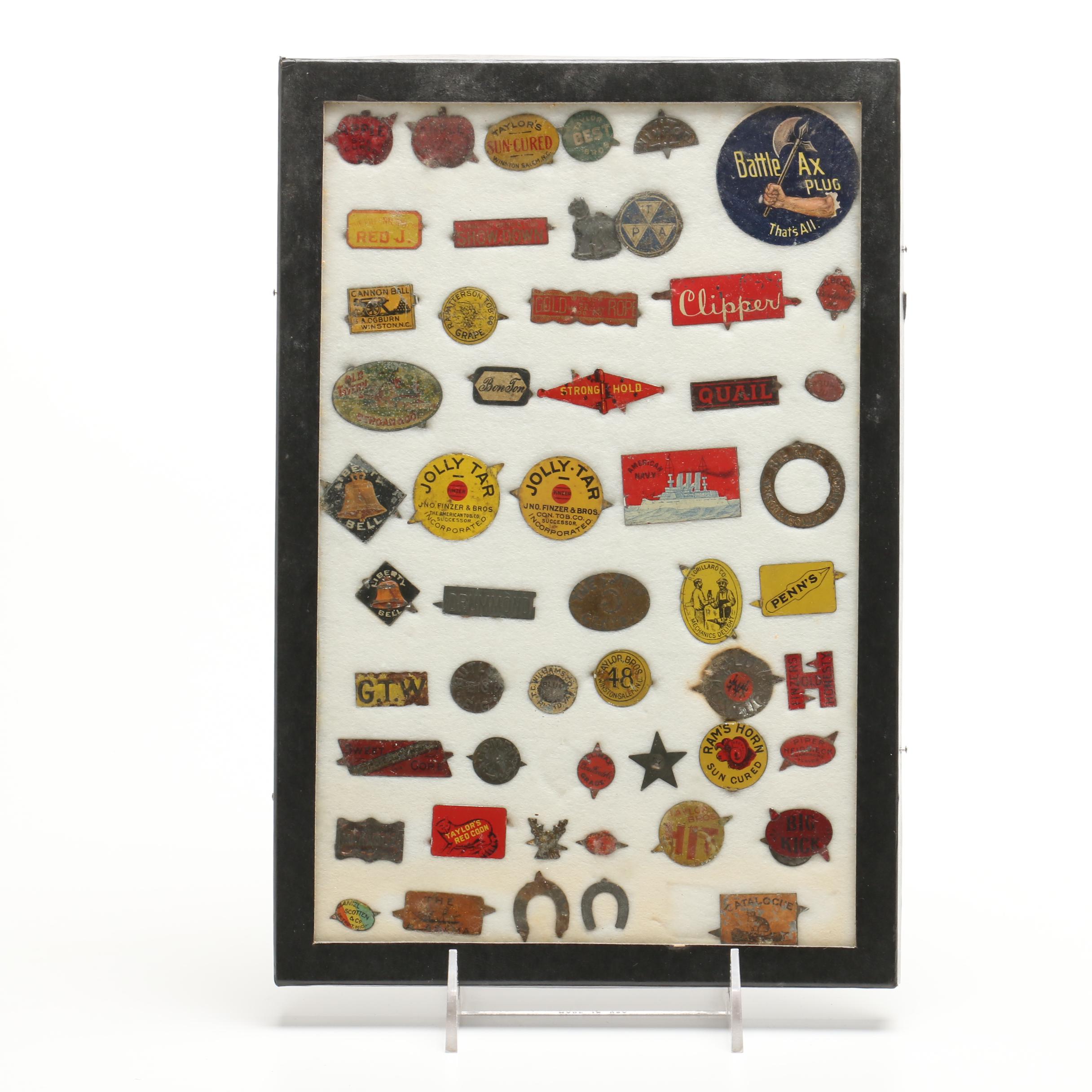 Antique Tobacco Tag Collection In Display Case