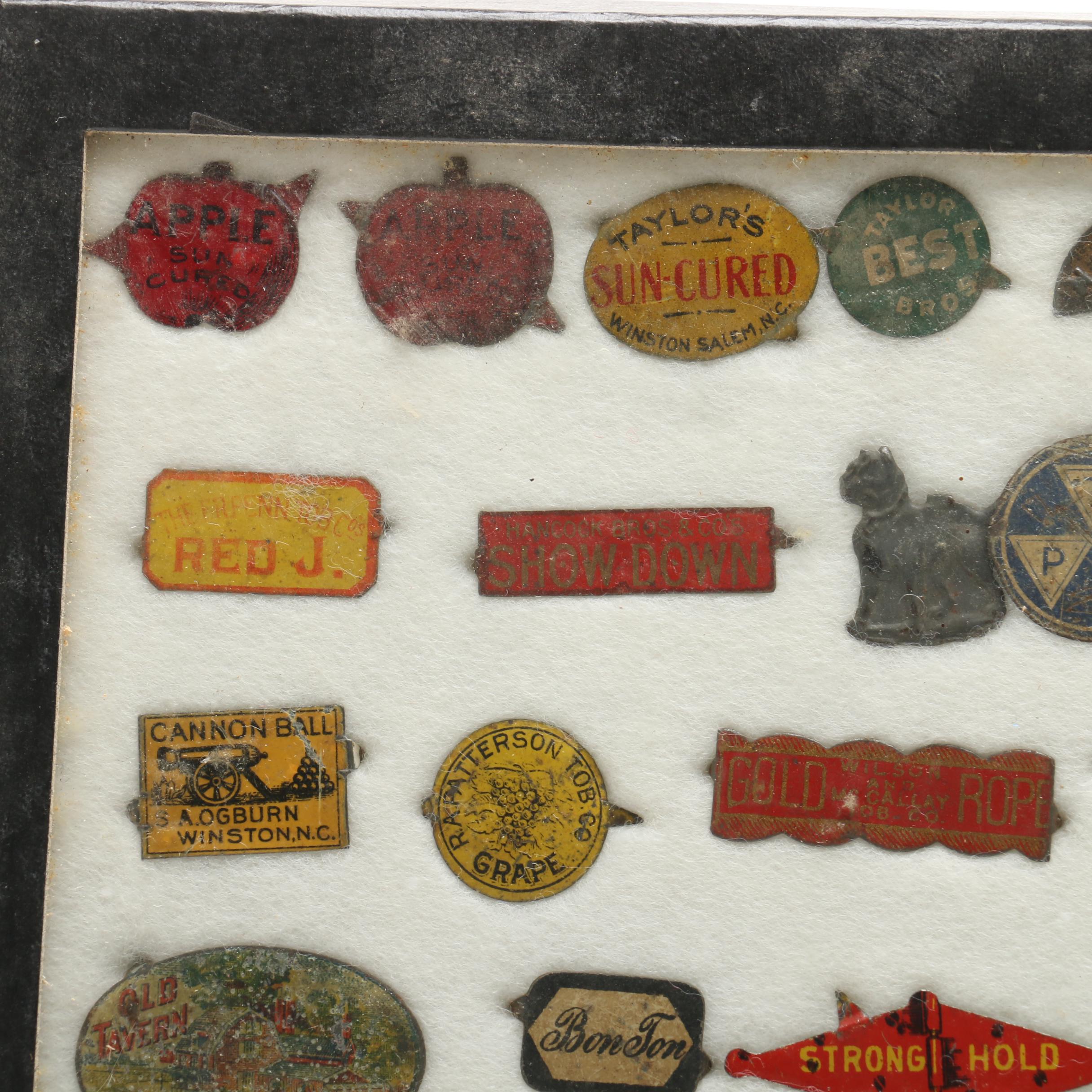 Antique Tobacco Tag Collection In Display Case