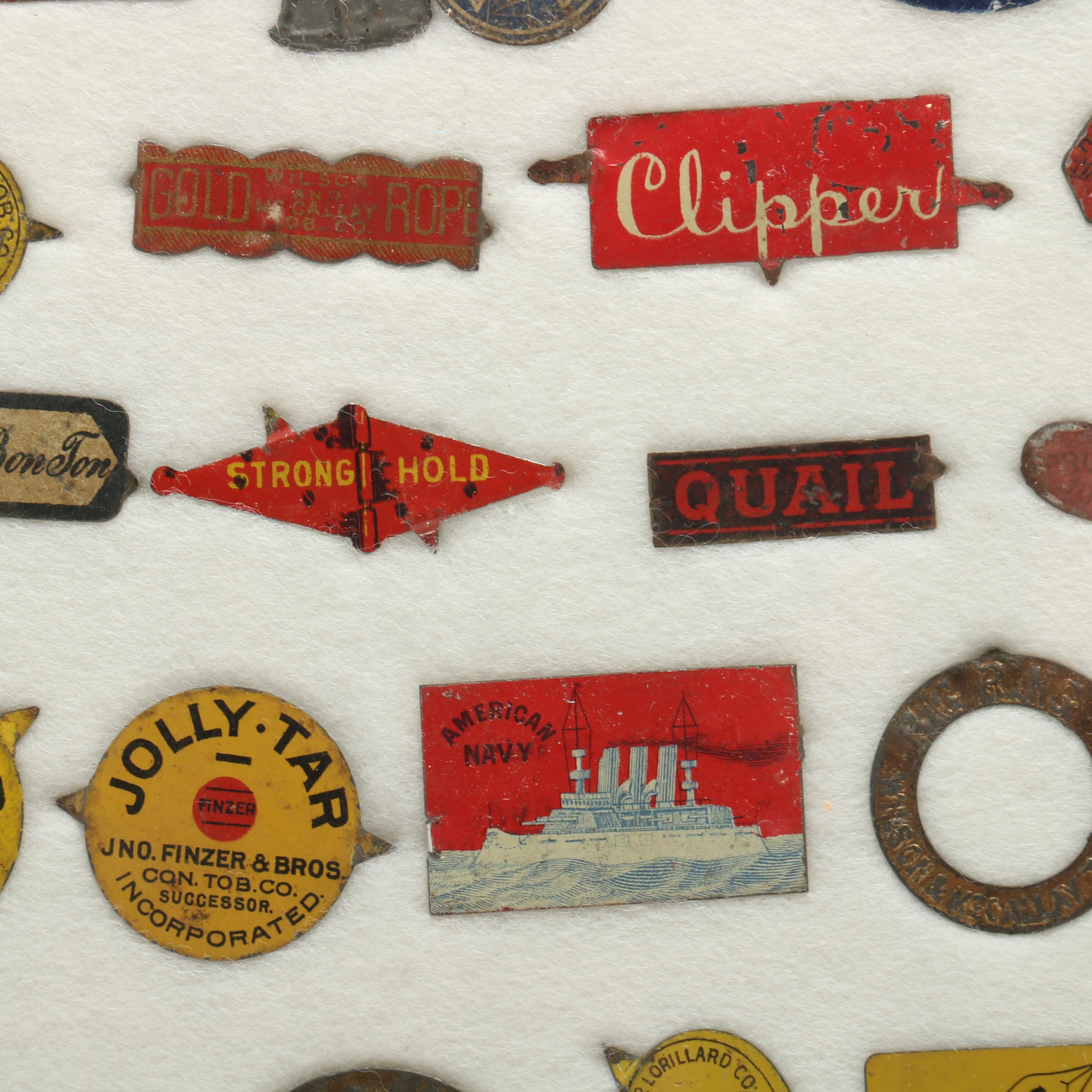 Antique Tobacco Tag Collection In Display Case