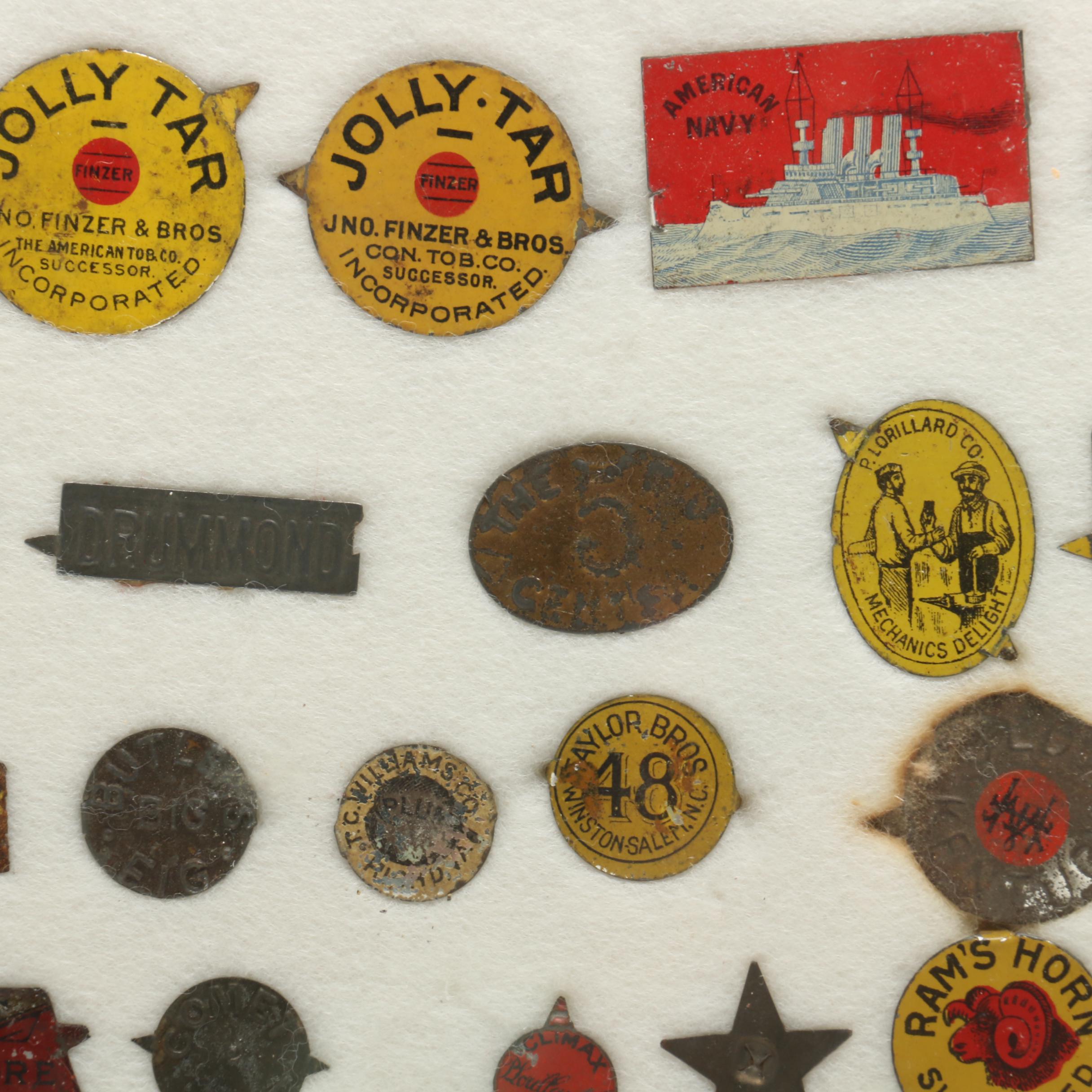 Antique Tobacco Tag Collection In Display Case