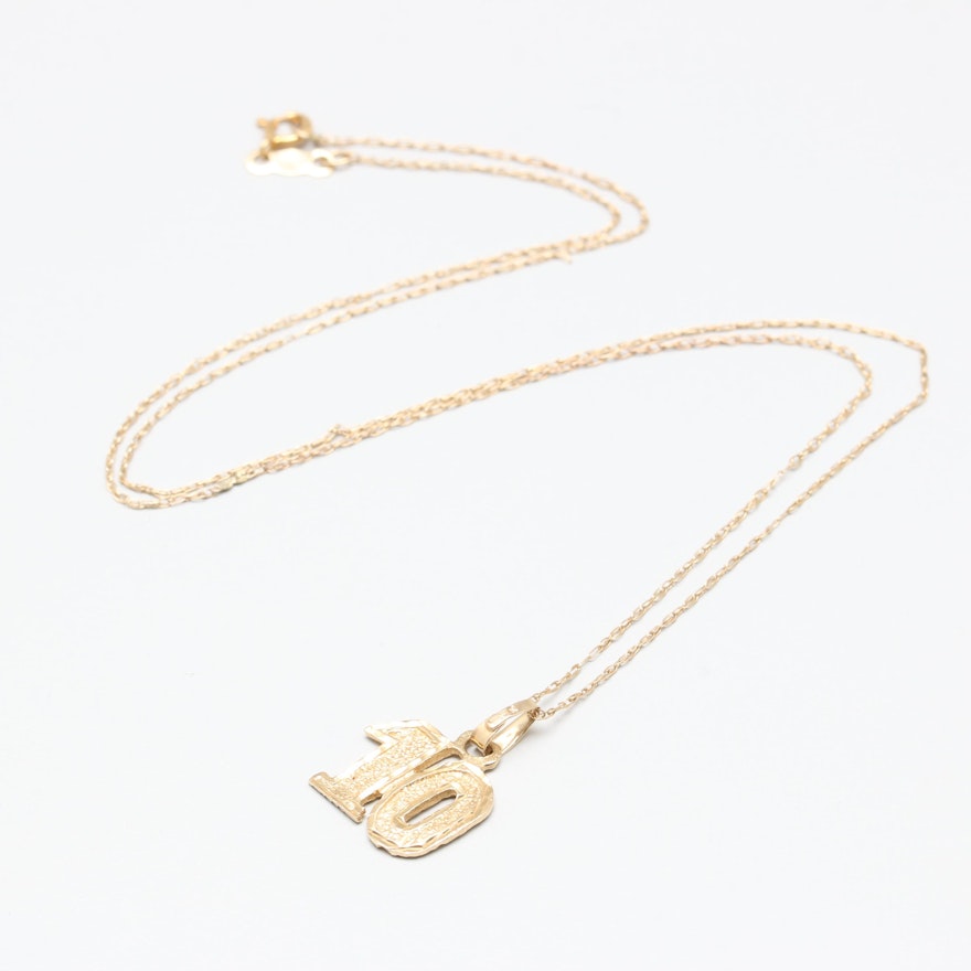 14K Yellow Gold Number 10 Pendant Necklace