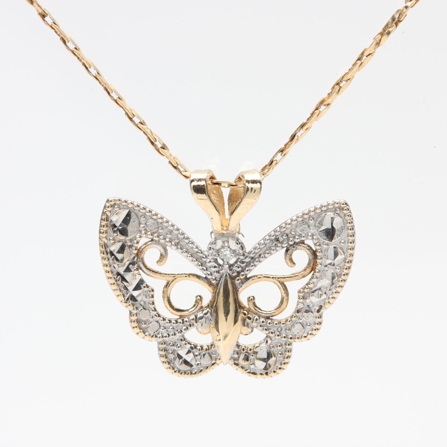 10K Two-Tone Gold Butterfly Pendant on 14K Yellow Gold Chain