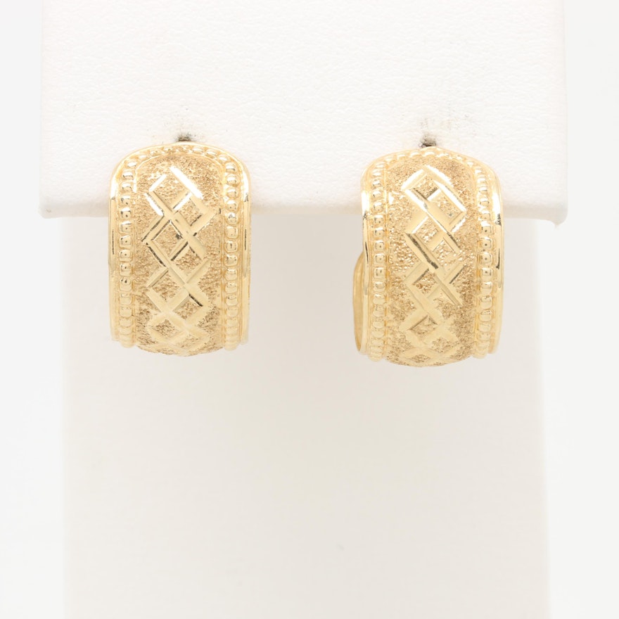 14K Yellow Gold Textured Hoops with Beaded Accents