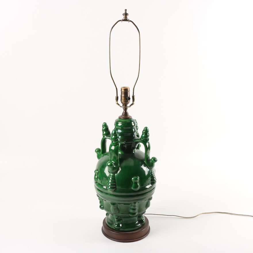 Iridescent Green Glazed Urn Shaped Table Lamp styled after Frederick Cooper