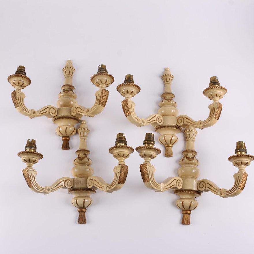 Vintage Carved and Painted Wood Wall Sconces