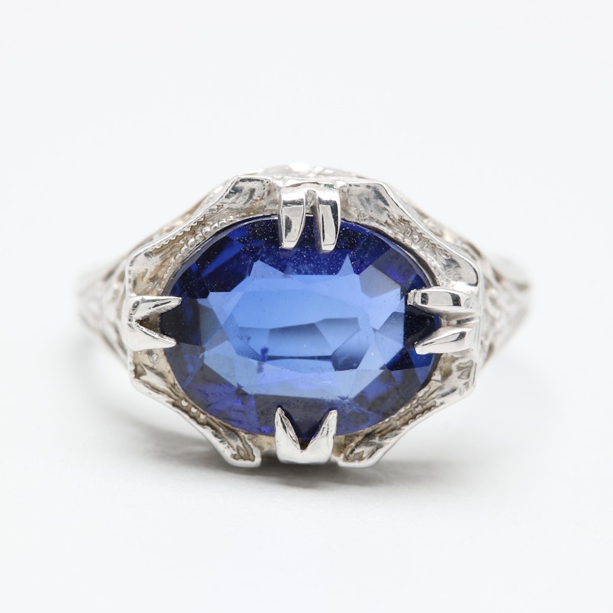 14K White Gold Synthetic Blue Sapphire Ring