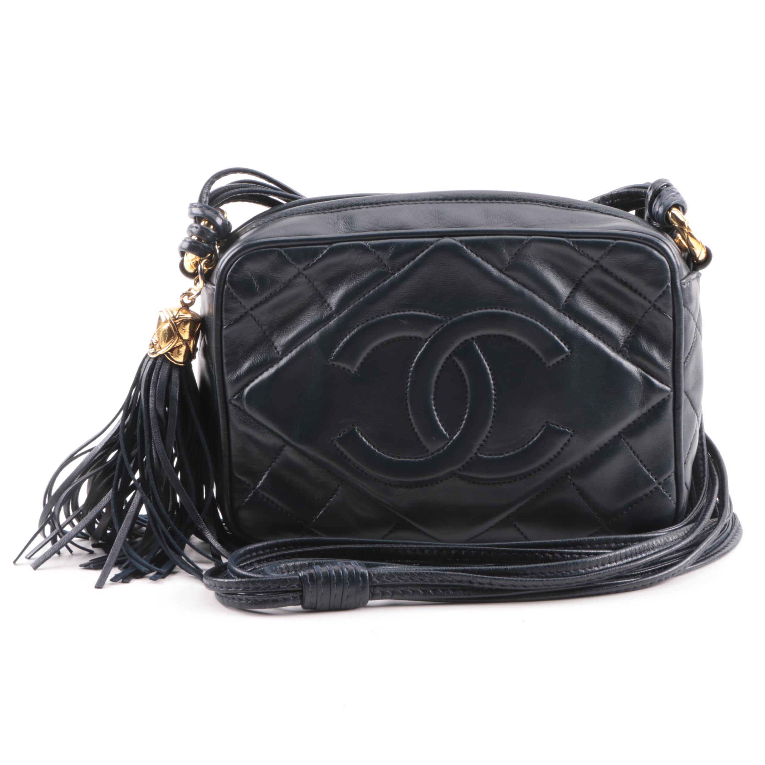 Early 1990s Chanel Navy Blue Quilted Leather Shoulder Bag