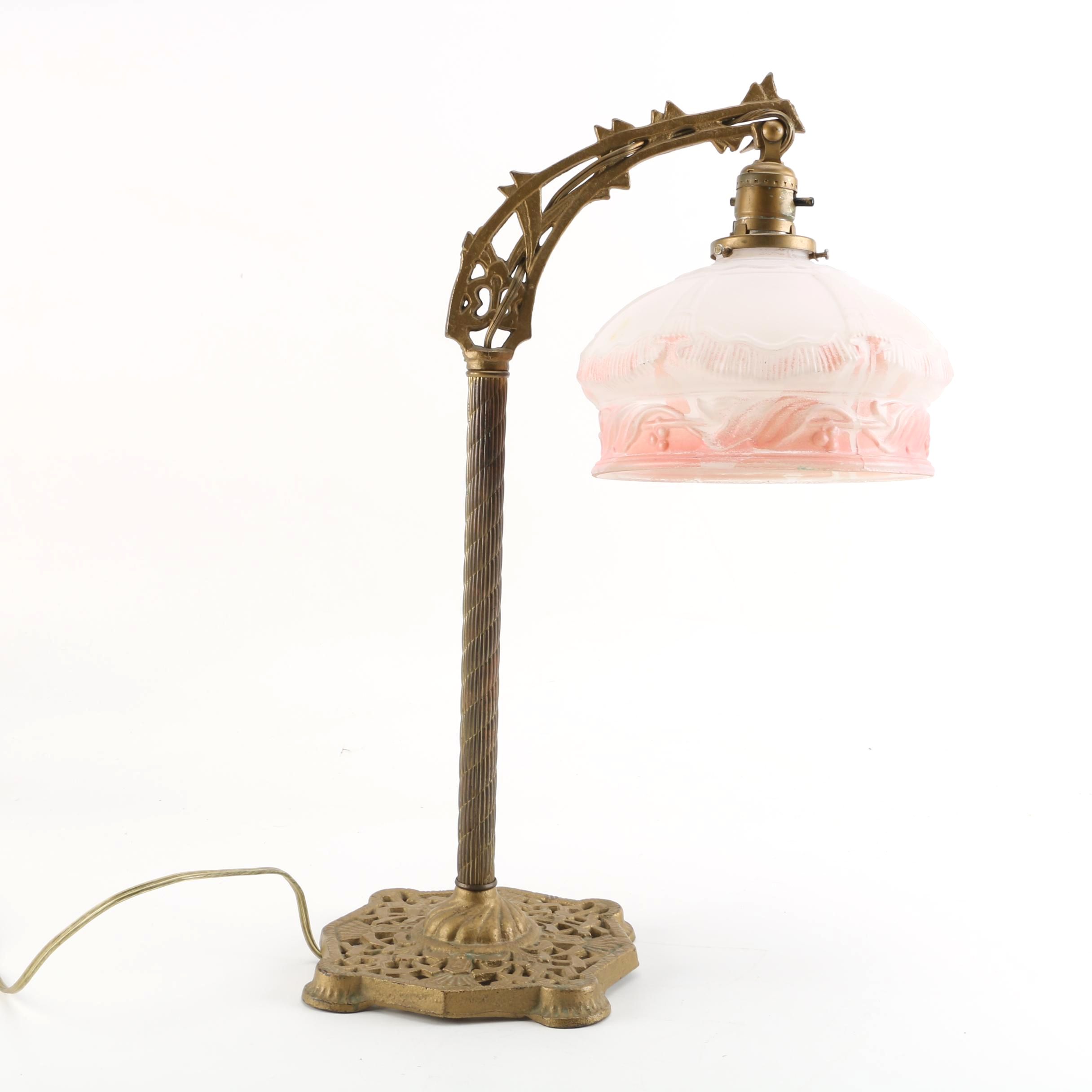 Vintage White and Pink Glass Globe Arched Arm Table Lamp