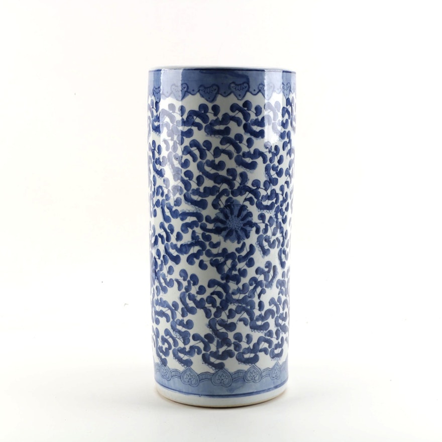 Chinese Blue and White Hand-Painted Ceramic Umbrella Stand