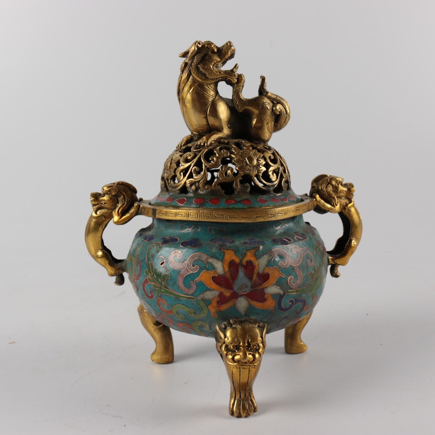 Chinese Cloisonne Guardian Lion Footed Censer