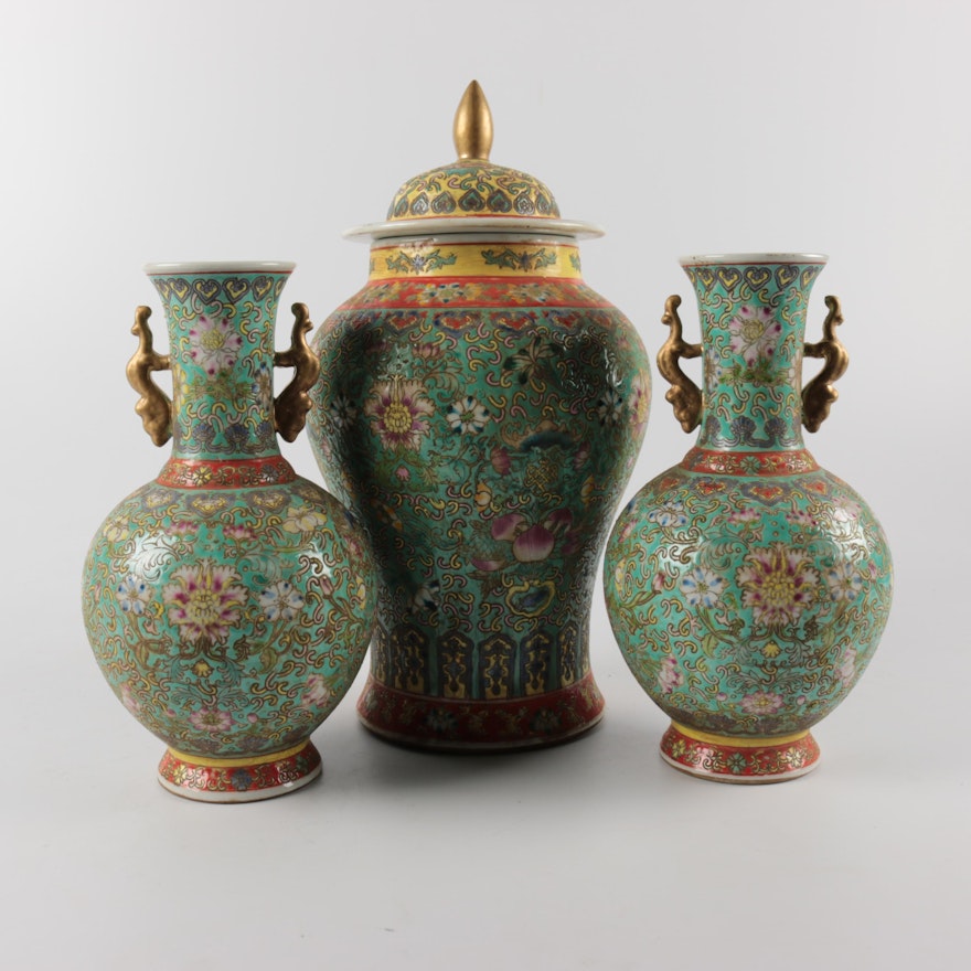 Chinese Hand-Painted Porcelain Lidded Jar and Vases