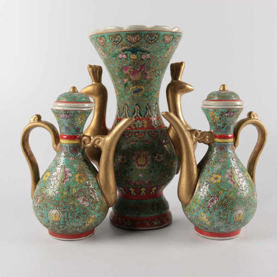 Chinese Porcelain Vase with Peacock Handles and Teapots with Gilt Trim