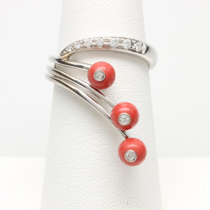 18K White Gold Imitation Coral and Diamond Ring