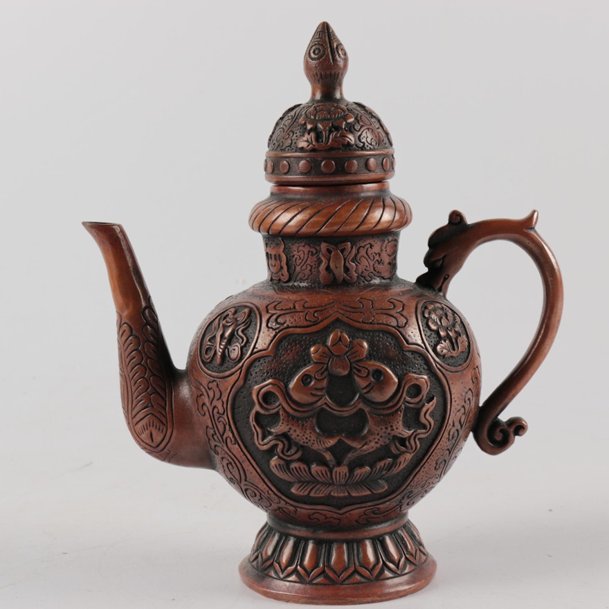 Chinese Decorative Bronze Tone Metal Tea Pot