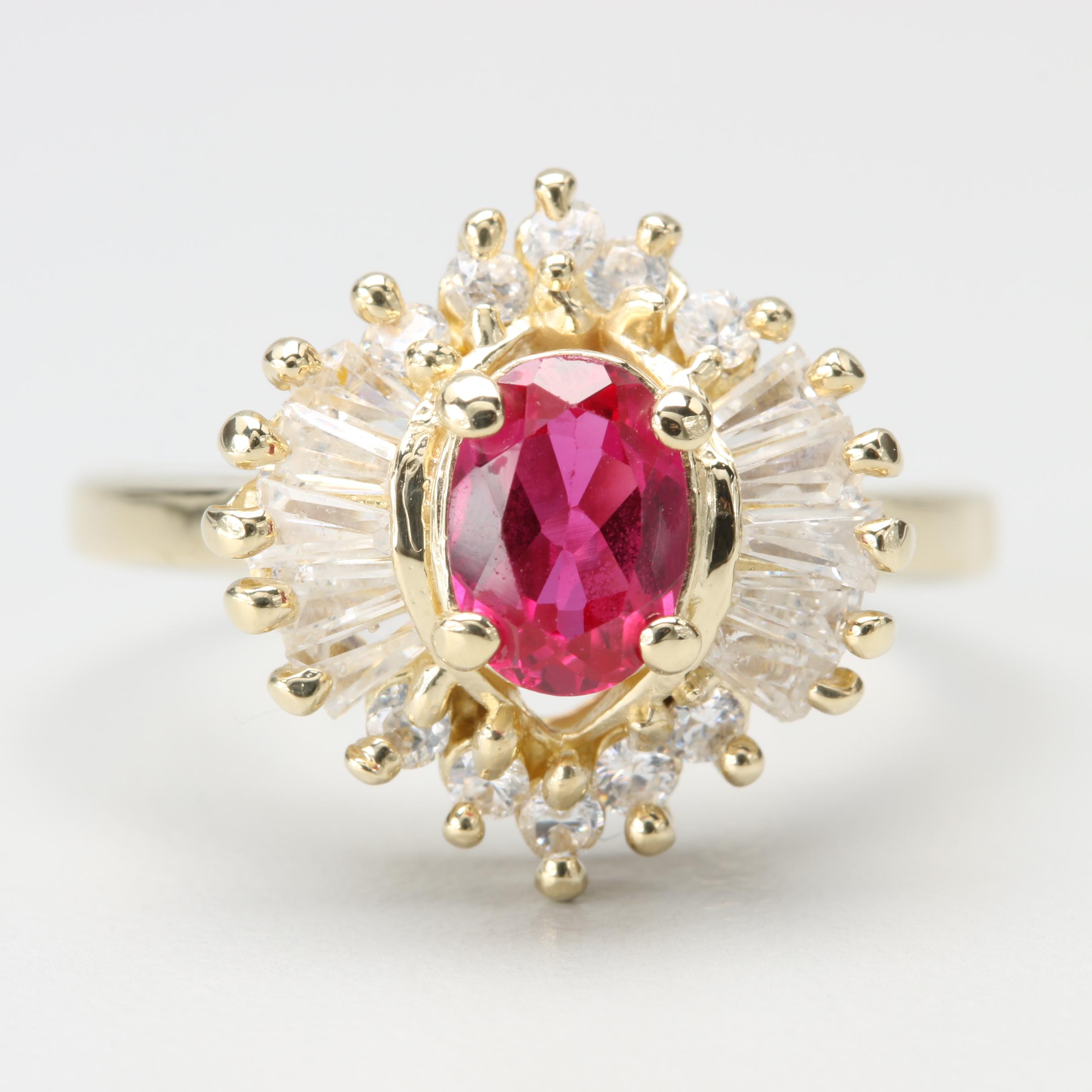 14K Yellow Gold Synthetic Ruby and Cubic Zirconia Ballerina Ring