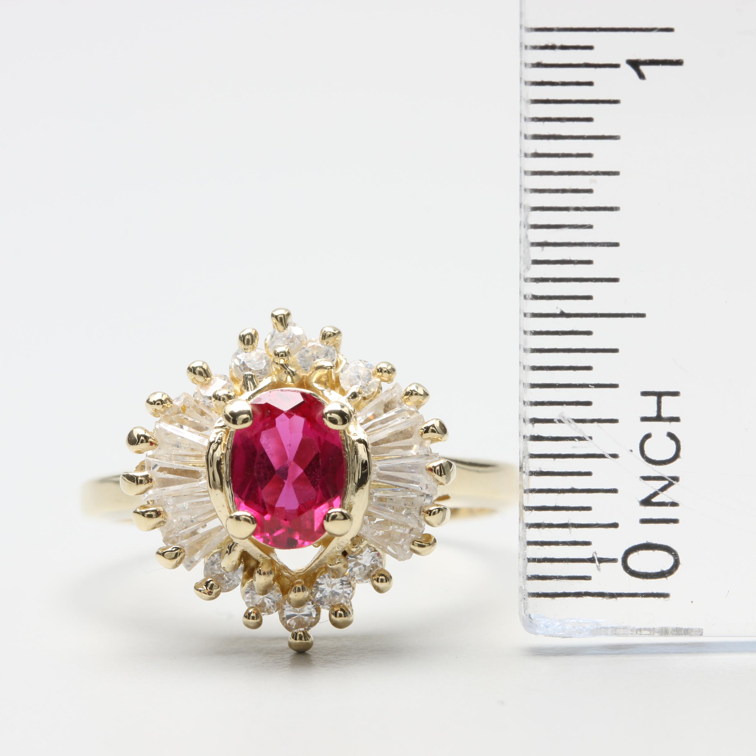 14K Yellow Gold Synthetic Ruby and Cubic Zirconia Ballerina Ring