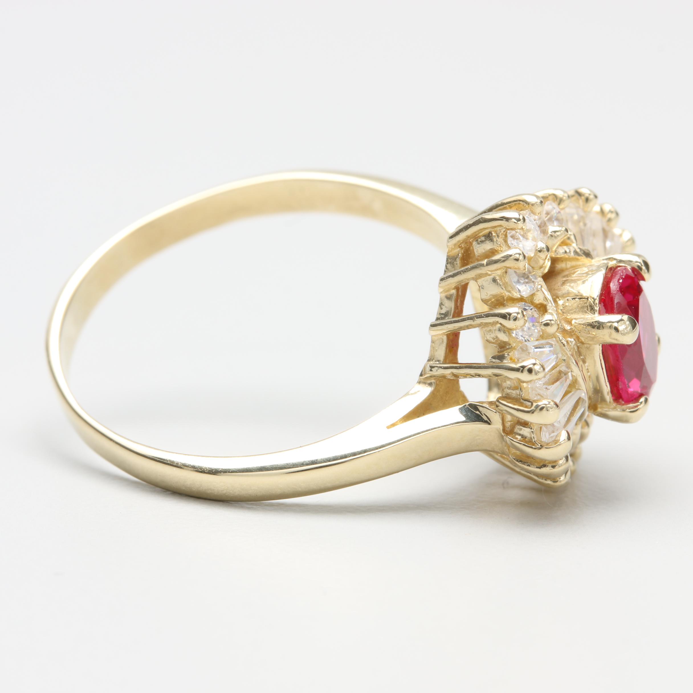 14K Yellow Gold Synthetic Ruby and Cubic Zirconia Ballerina Ring