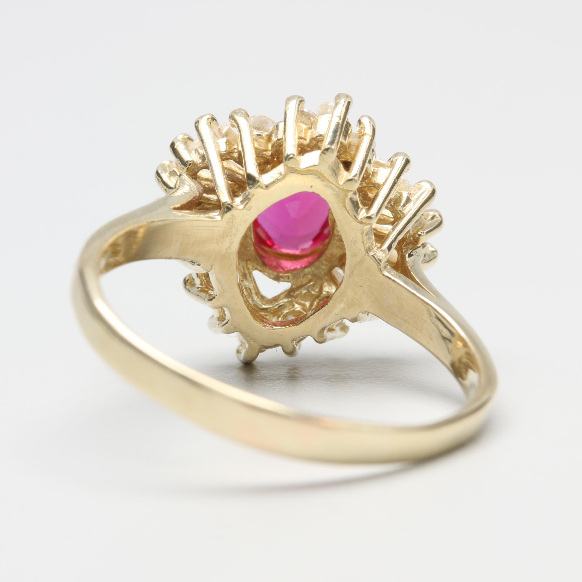 14K Yellow Gold Synthetic Ruby and Cubic Zirconia Ballerina Ring