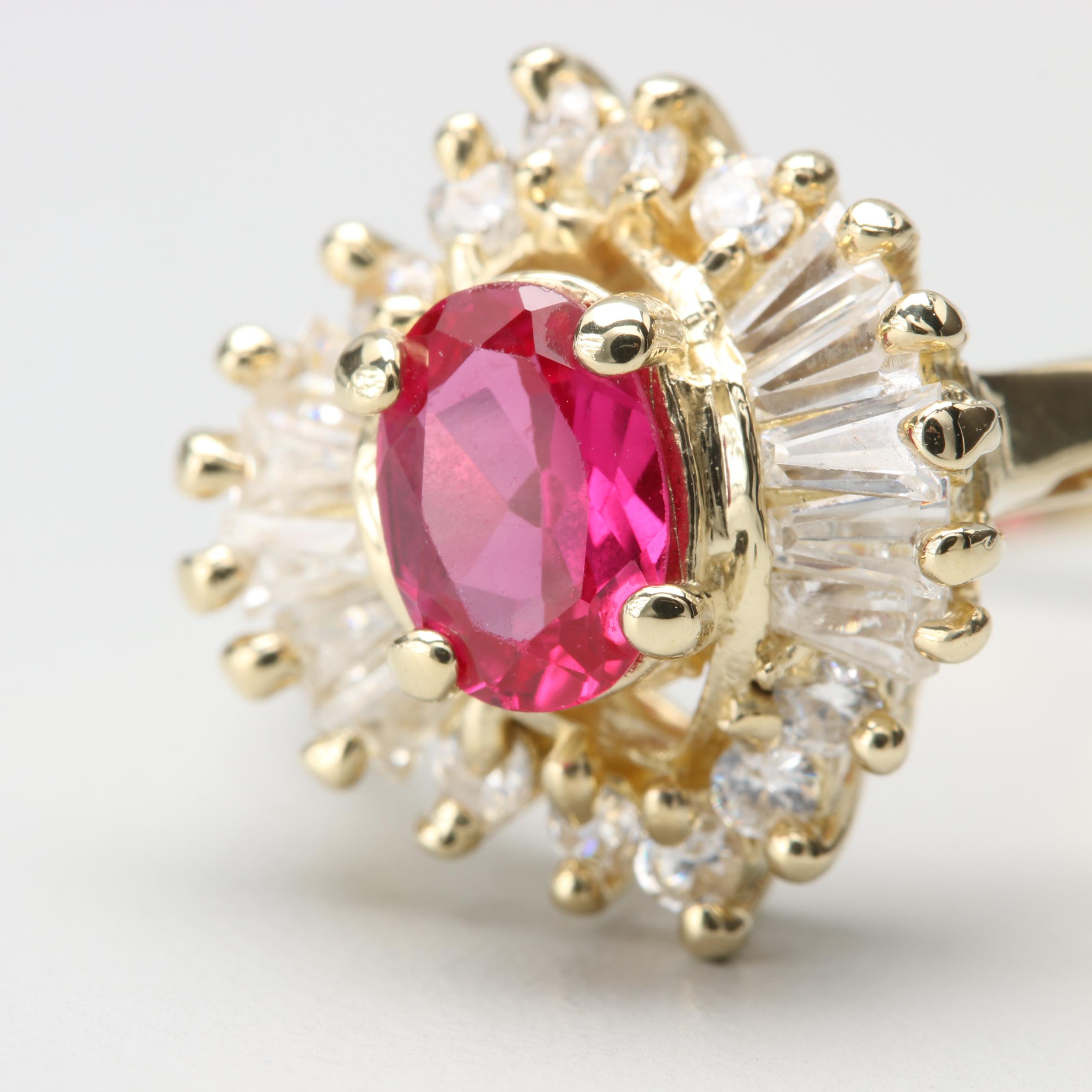 14K Yellow Gold Synthetic Ruby and Cubic Zirconia Ballerina Ring