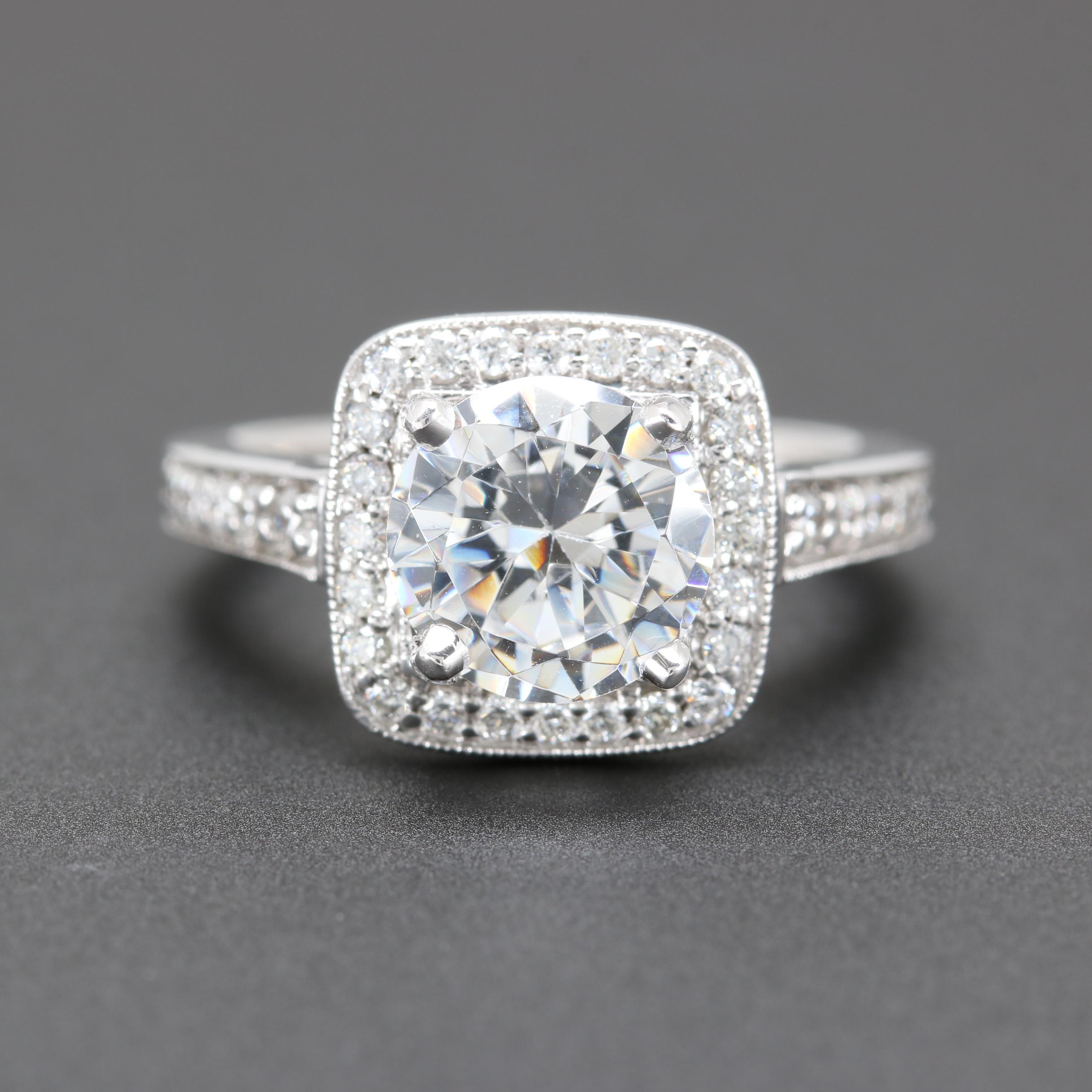 14K White Gold Diamond Semi Mount With Cubic Zirconia Center