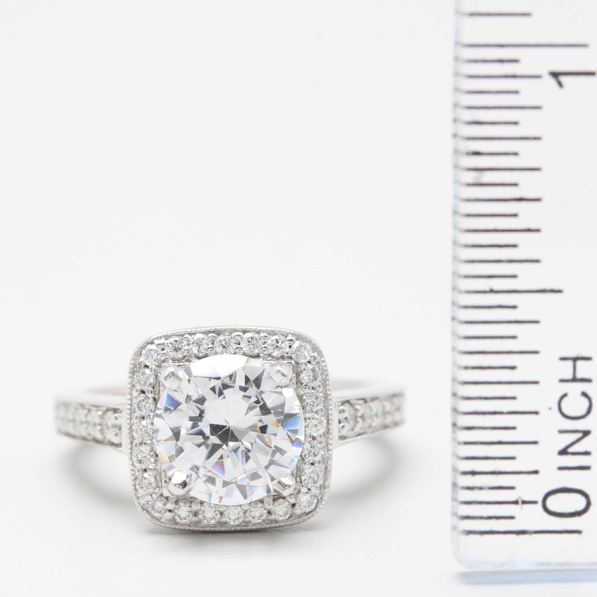 14K White Gold Diamond Semi Mount With Cubic Zirconia Center