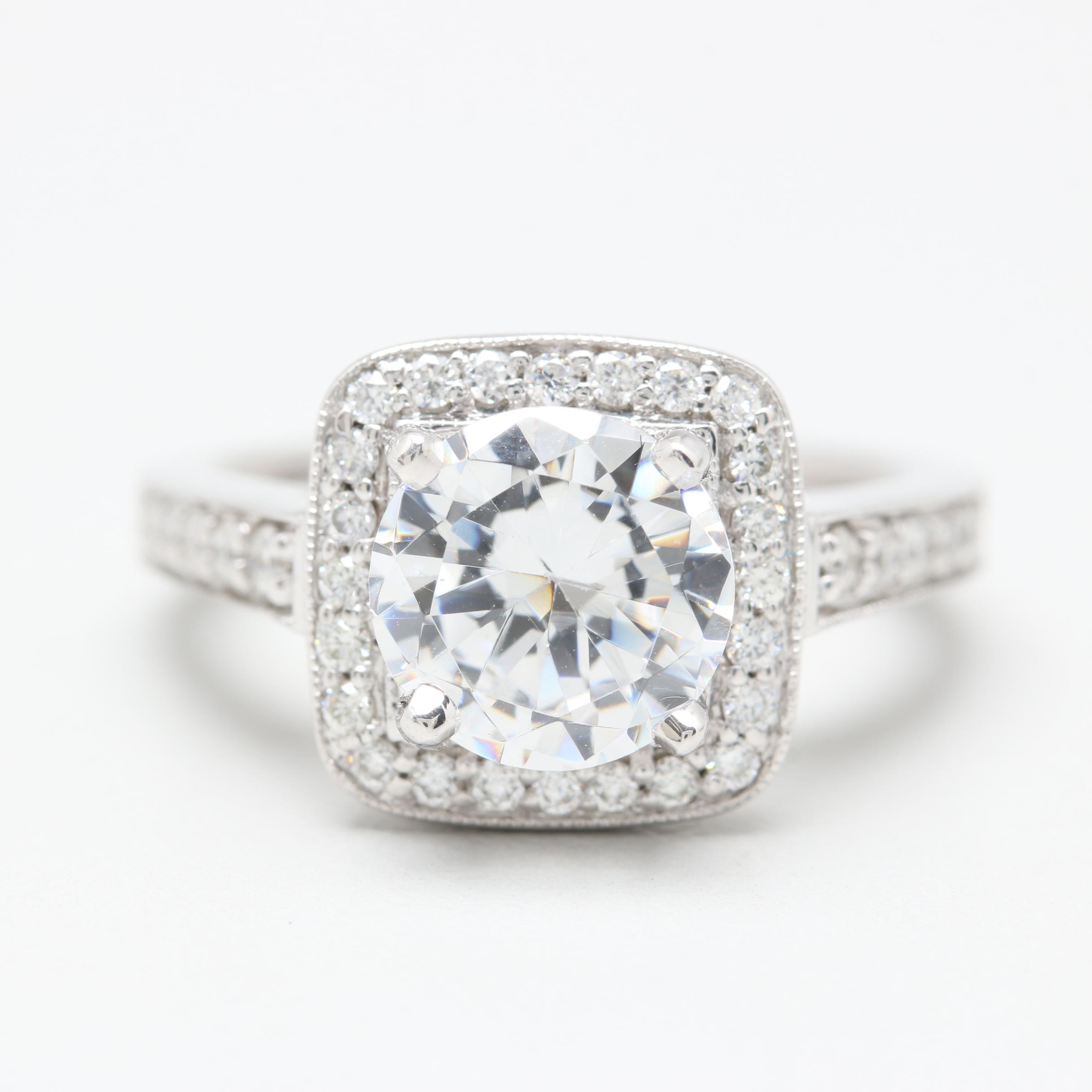 14K White Gold Diamond Semi Mount With Cubic Zirconia Center
