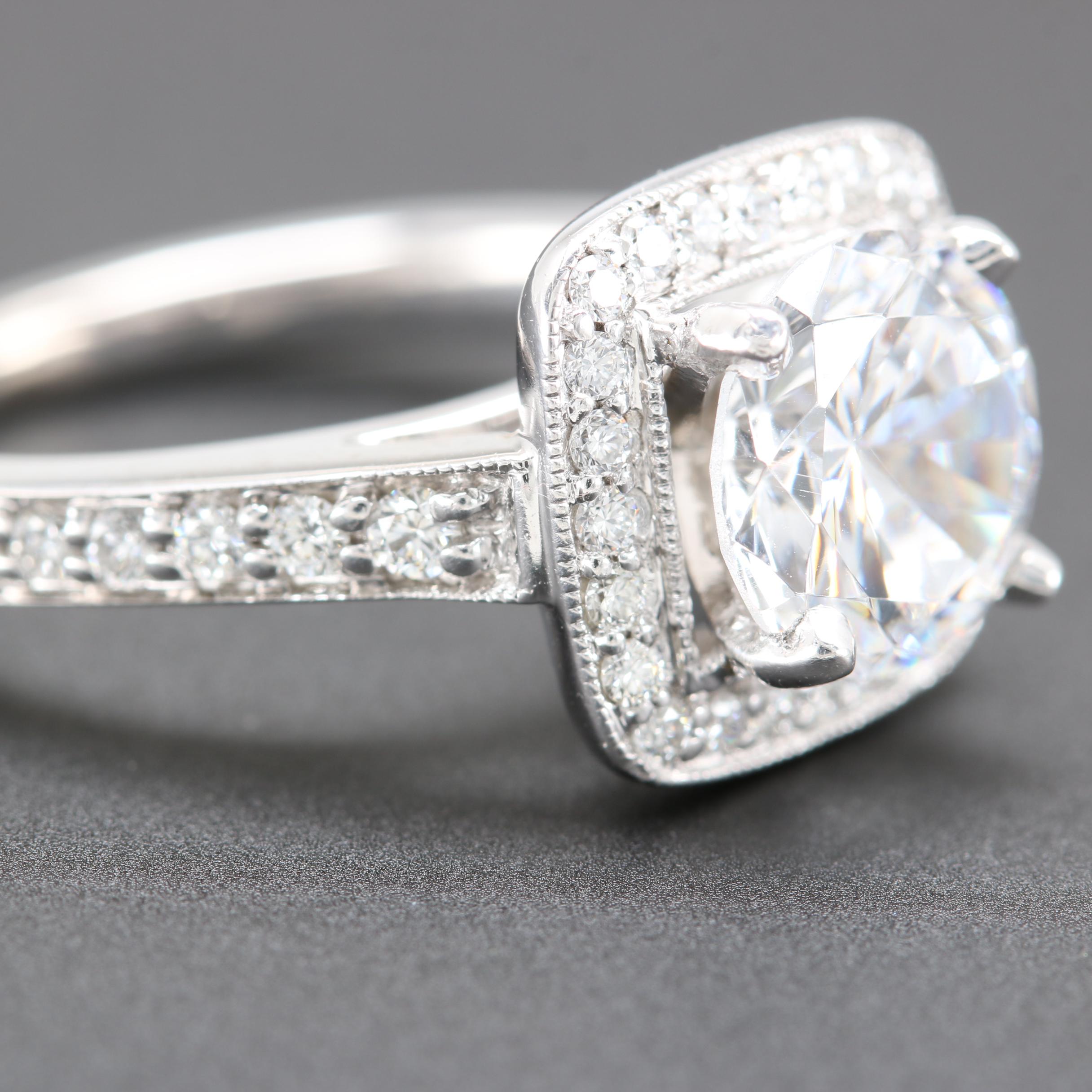14K White Gold Diamond Semi Mount With Cubic Zirconia Center