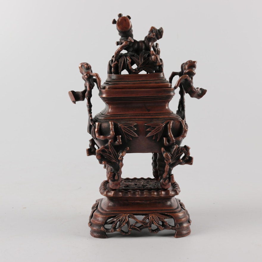 Chinese Bronze Tone Metal Box with Bamboo Motif