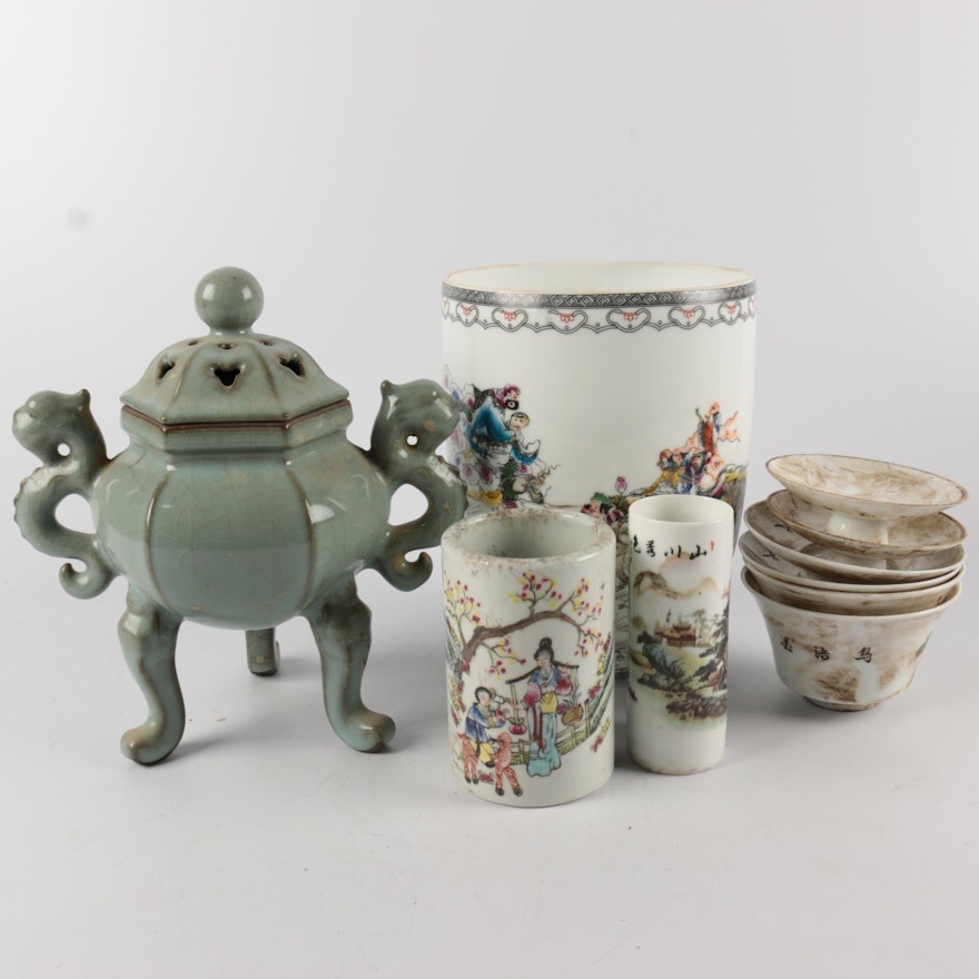 Chinese Decorative Ceramic Censer, Vases, and Teacups