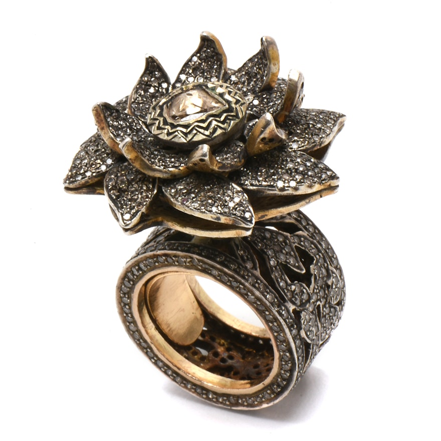 Sterling Silver 6.55 CTW Diamond Tiered Floral Statement Ring