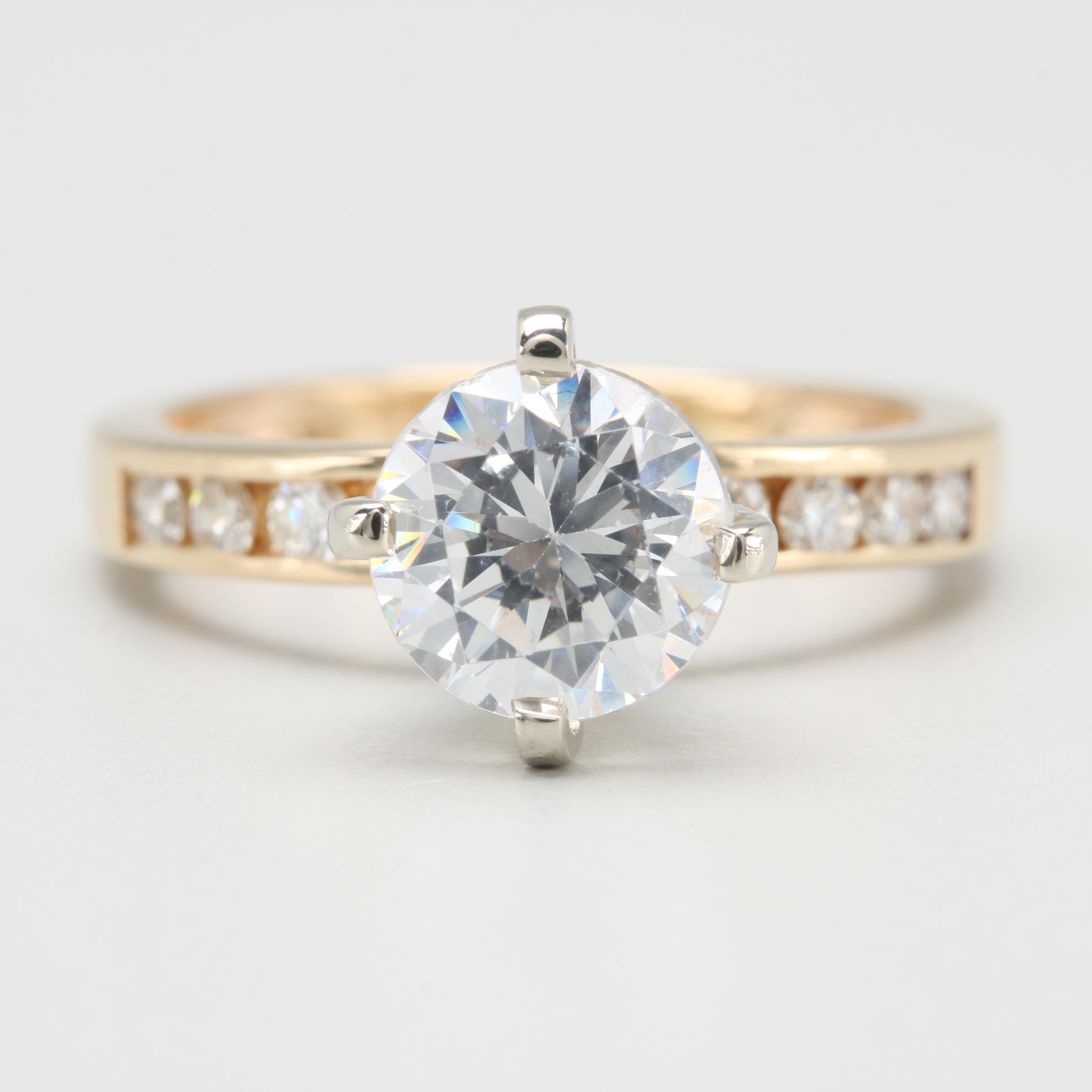 14K White Gold Diamond Semi Mount-Ring With Cubic Zirconia Center Stone