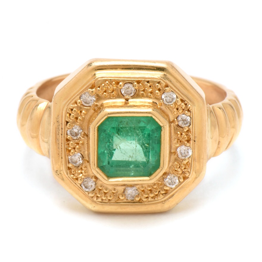 18K Yellow Gold Emerald and Diamond Octagonal Head Ring